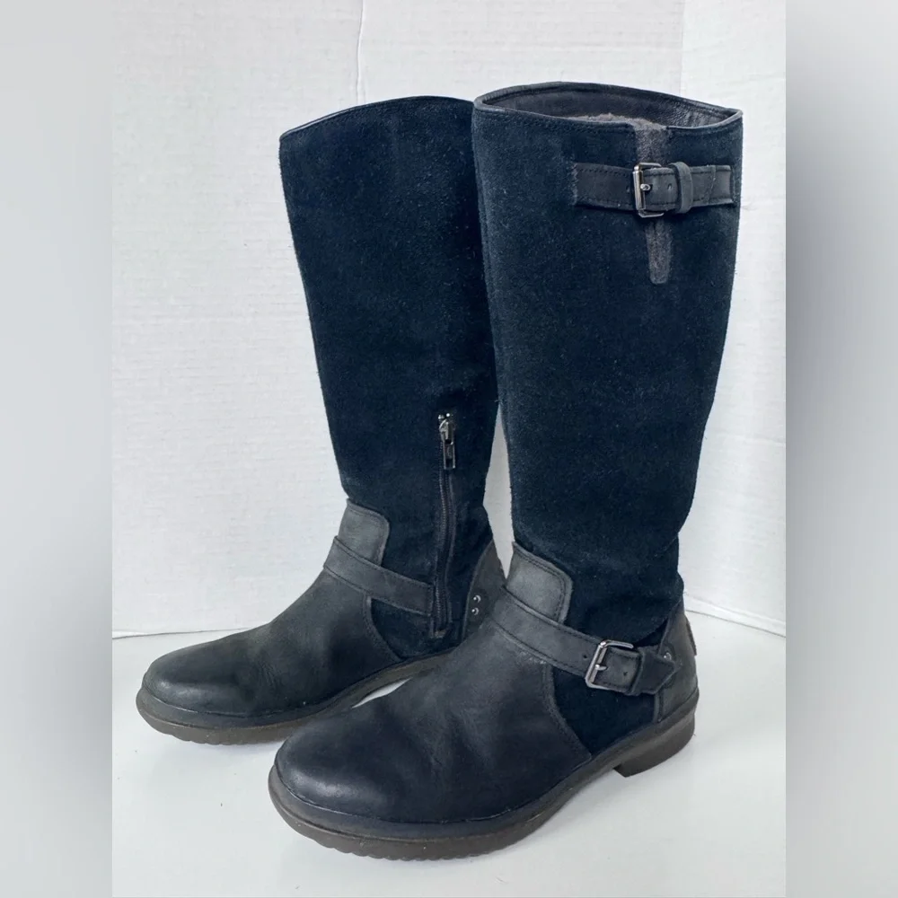 UGG Thomsen Black Suede Leather Waterproof Lined Tall Boots Women’s Size 7